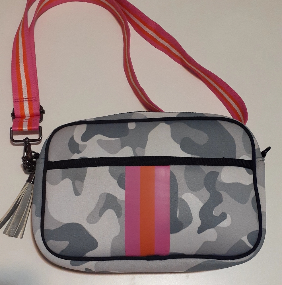 Gray Camo Crossbody Bag with Pink and Orange Stripes